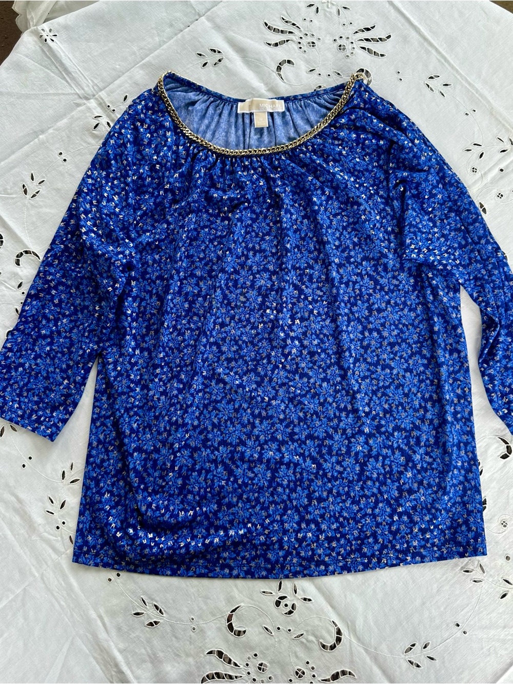 MICHAEL Michael Kors Cobalt Blue Floral Long-Sleeve Top with Chain Trim